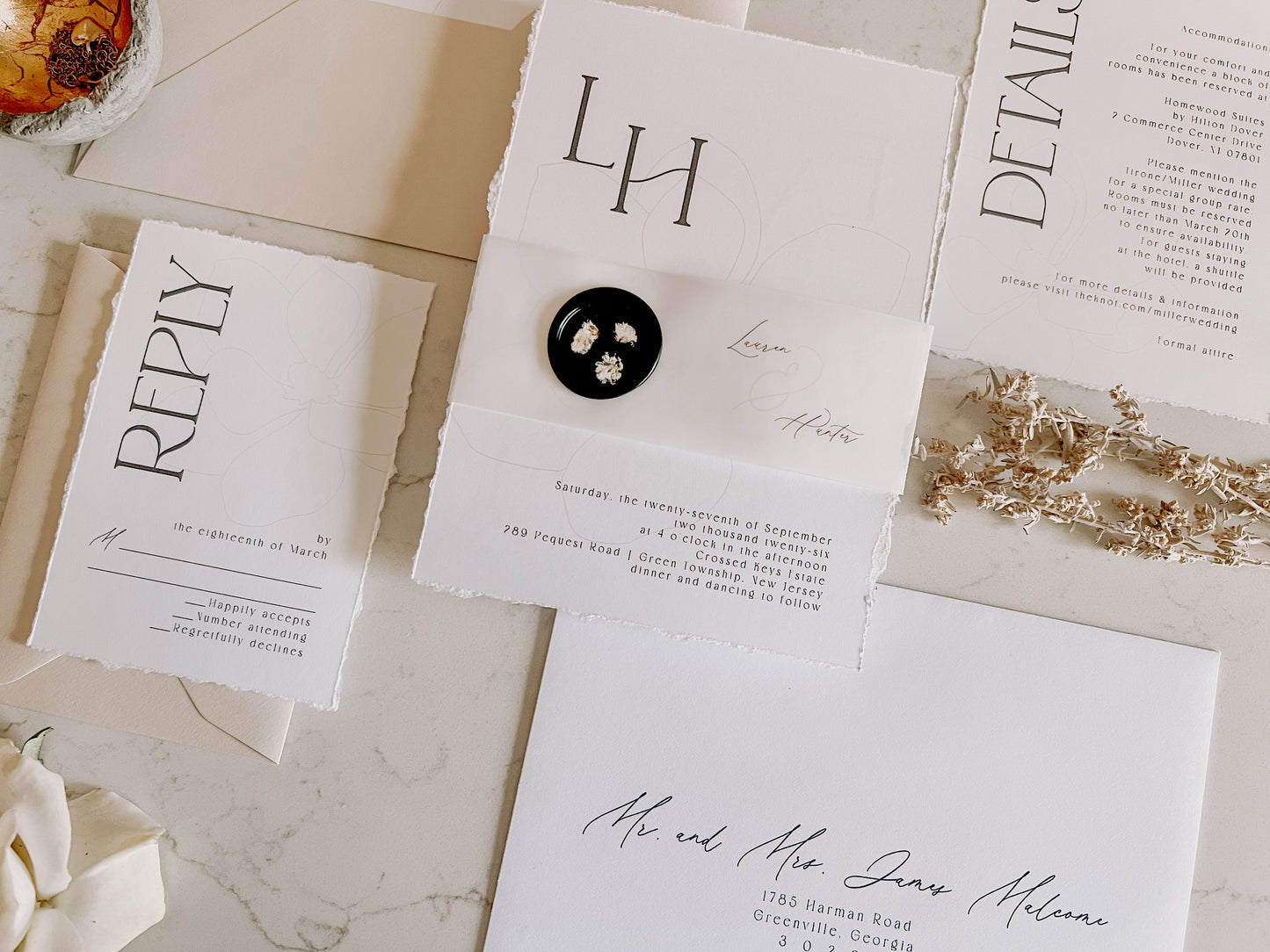 Classic Magnolia Wedding Invitation with Vellum & Wax seal