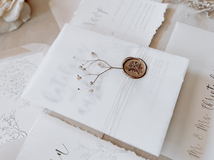 Baby’s Breath Wedding Invitation with Deckled Edging, Vellum Wrap and Wax Seal
