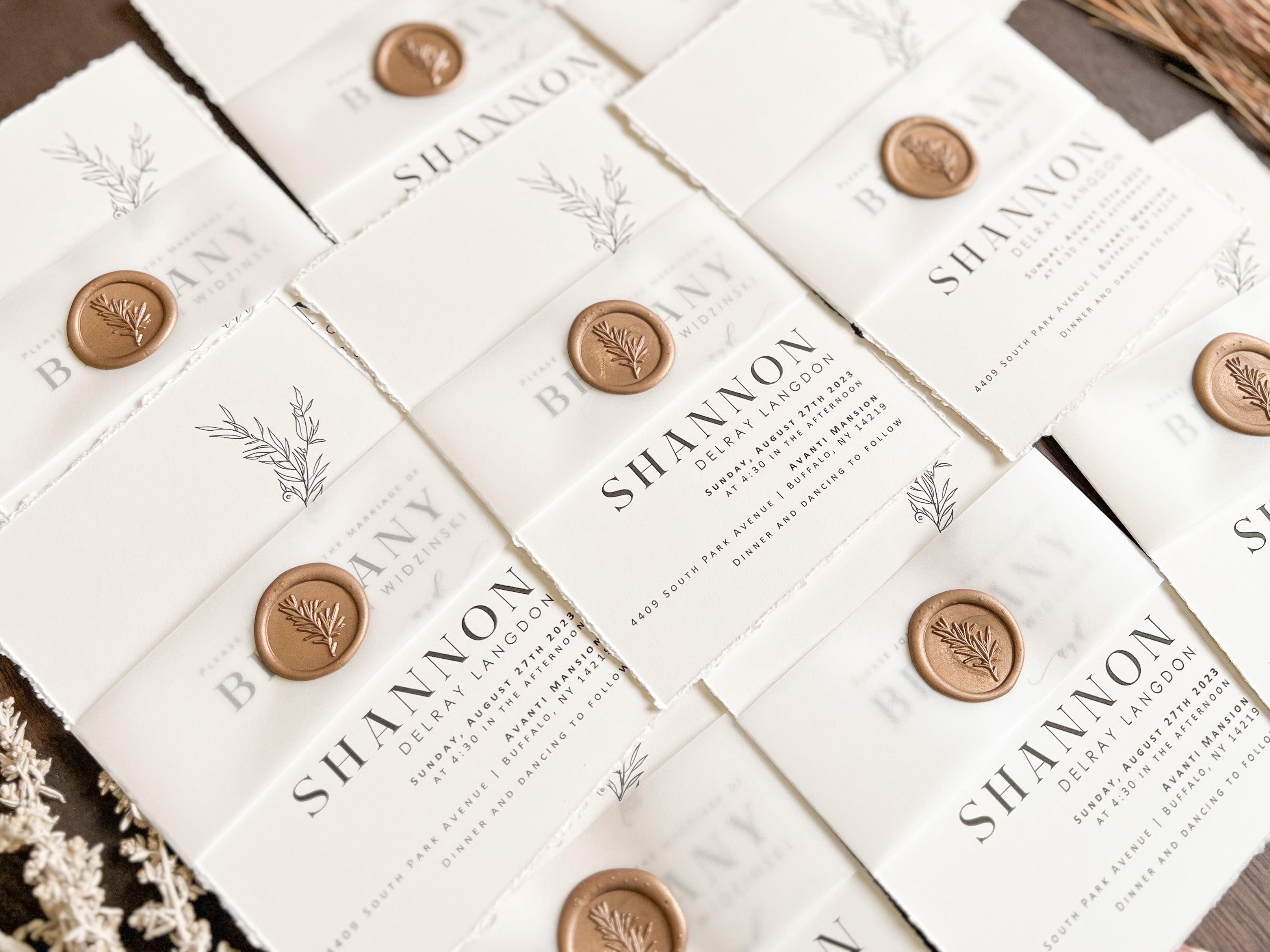 Contemporary Boho Wedding Invitation with Deckled Edging, Vellum and Wax Seal