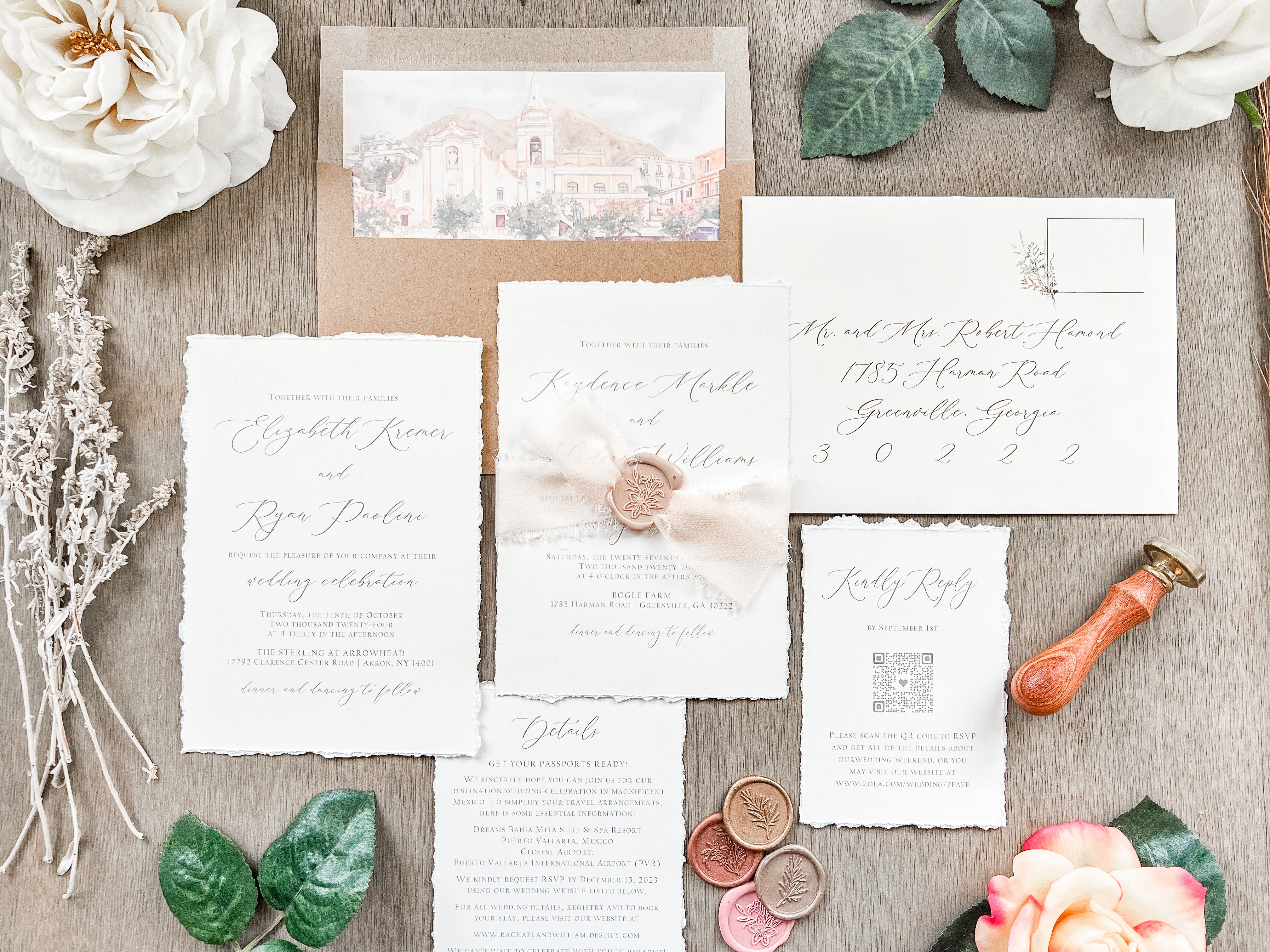 Neutral Wedding Invitation with Deckled Edging, Chiffon Ribbon and Nude Wax Seal