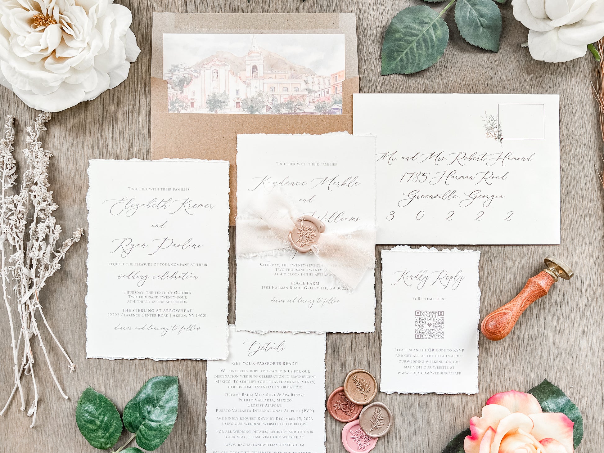 Neutral Wedding Invitation with Deckled Edging, Chiffon Ribbon and Nude Wax Seal