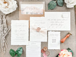 Neutral Wedding Invitation with Deckled Edging, Chiffon Ribbon and Nude Wax Seal