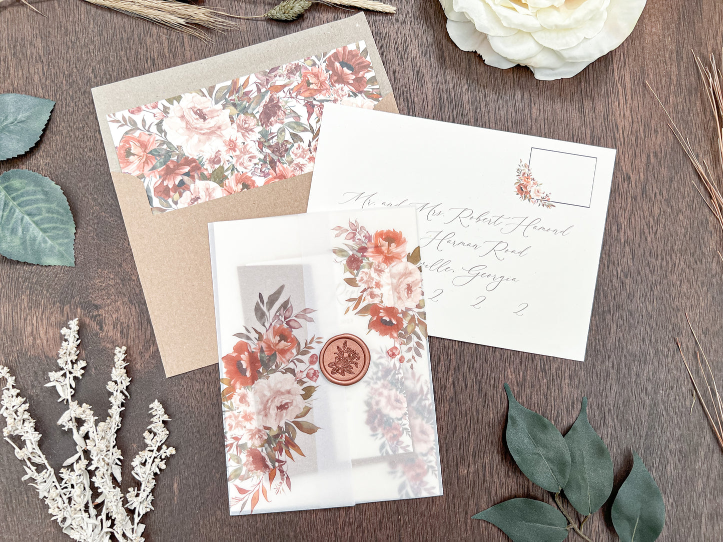 Copper Boho Wedding Invitation with Burnt Orange, Terracotta & Blush Flowers, wrapped in Vellum & Wax Seal
