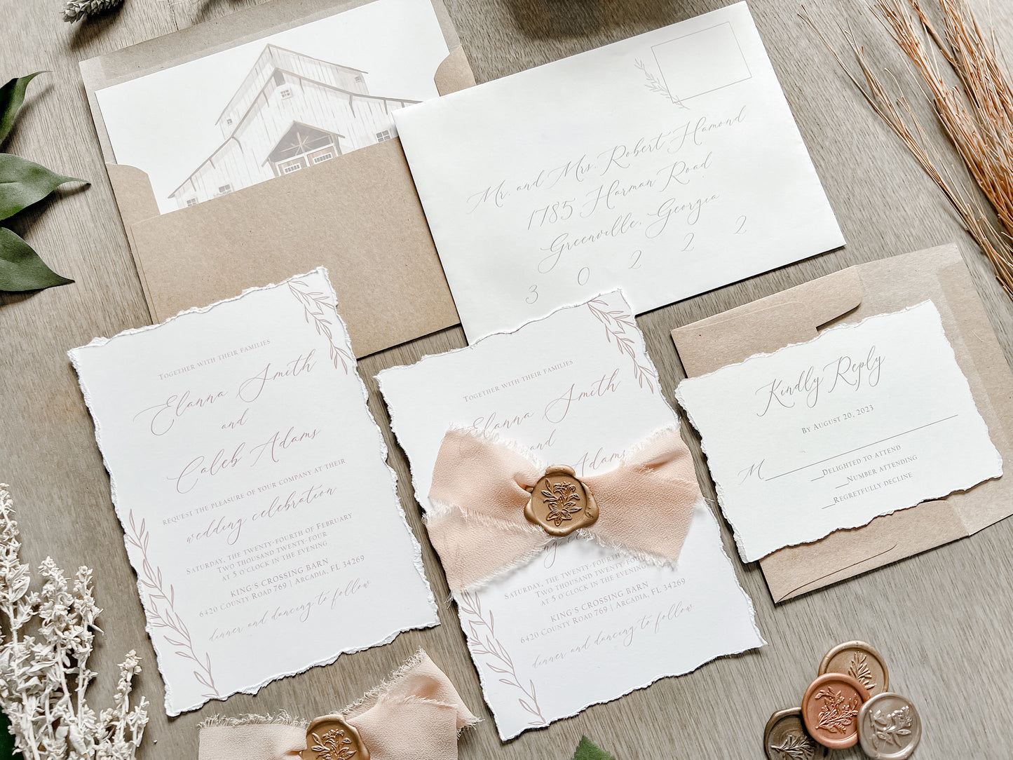 Light Brown Ribbon Wedding Invitation with Deckled Edging, Chiffon Ribbon & Antique Gold Wax Seal