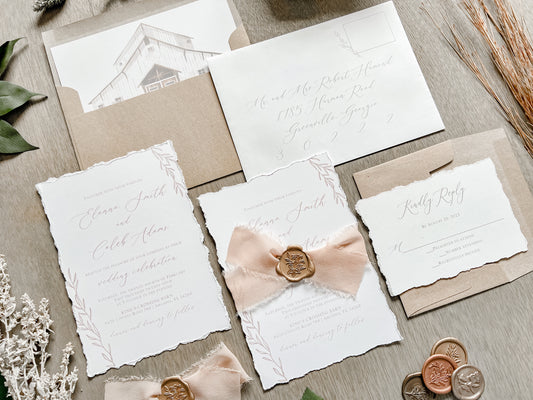Light Brown Ribbon Wedding Invitation with Deckled Edging, Chiffon Ribbon & Antique Gold Wax Seal