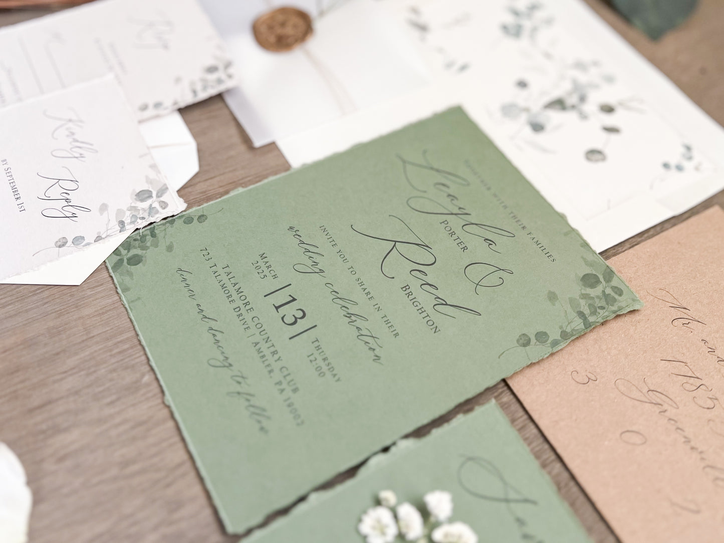 Sage Green and Baby’s Breath Wedding Invitation with Deckled Edging, Vellum Belly Band and Wax Seal