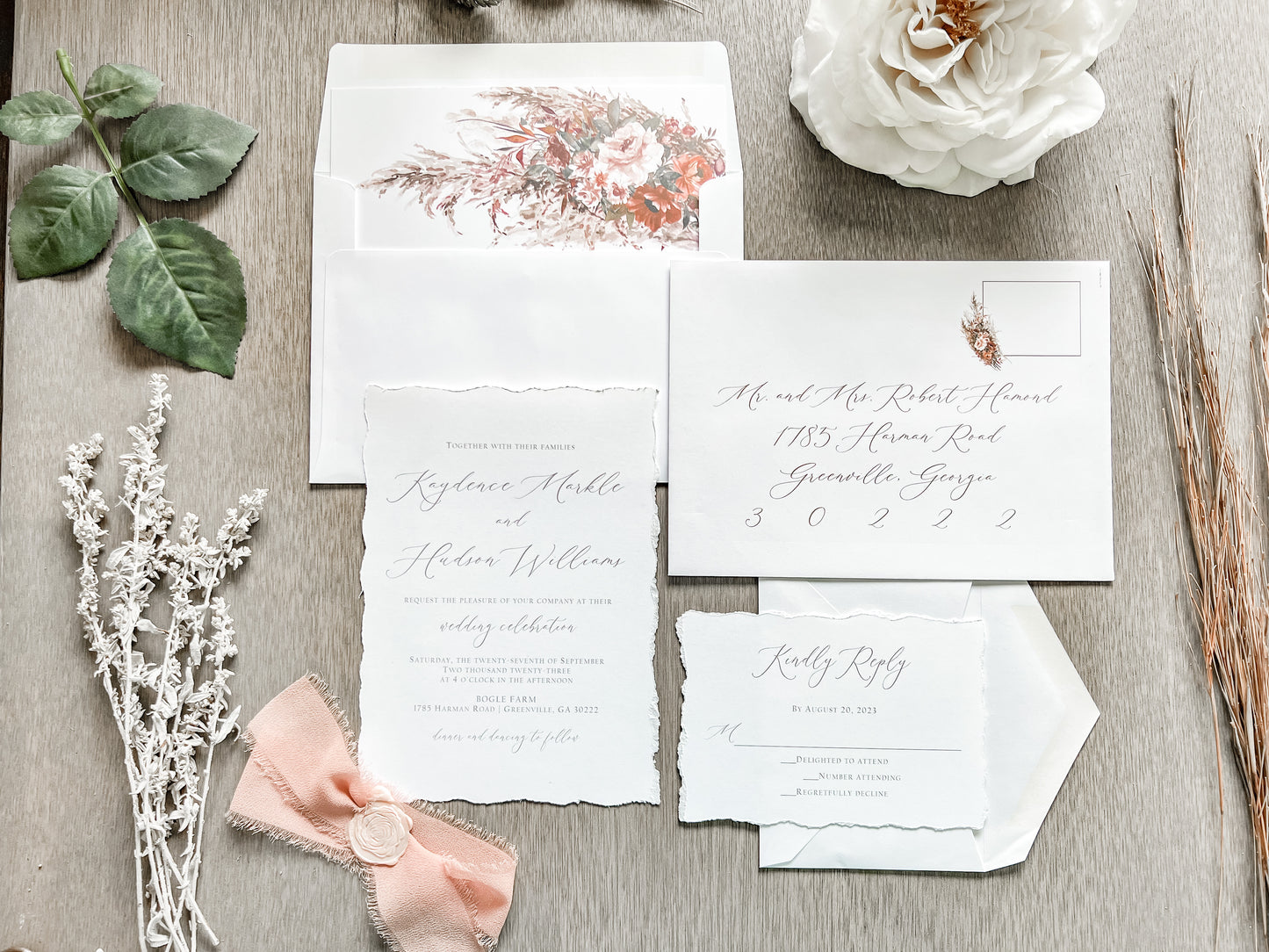 Rose Gold Ribbon Wedding Invitation with Deckled Edging and Blush Pink Wax Seal