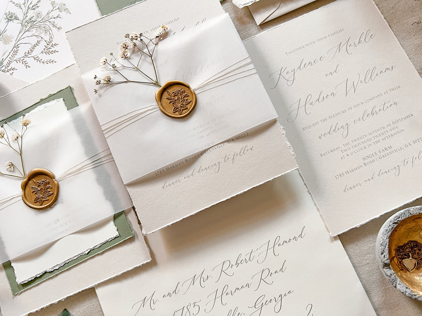 Baby’s Breath Wedding Invitation with Deckled Edging, Baby’s Breath, Vellum and Wax Seal