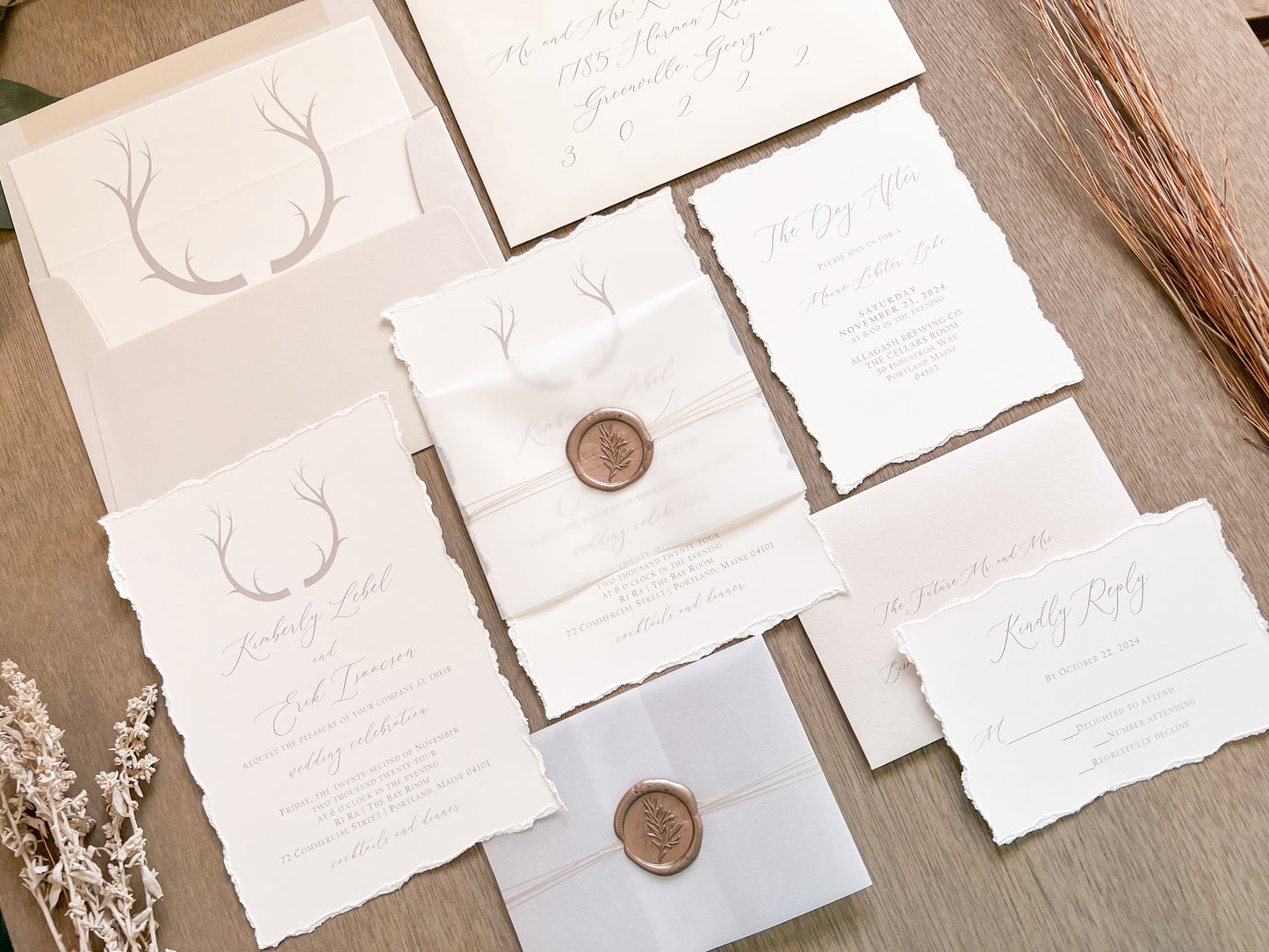 Antler Wedding Invitation with Deckled Edging, Vellum Belly Band and Wax Seal