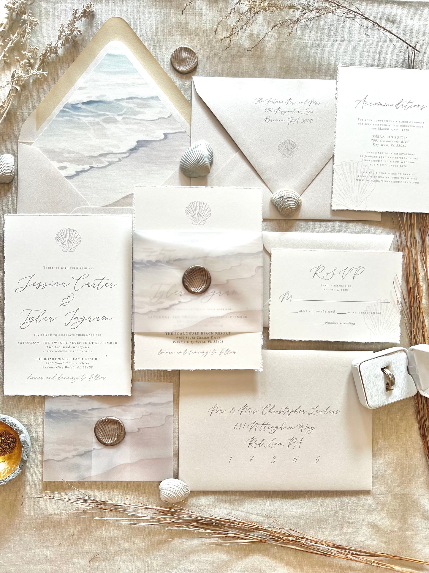 Ocean Waves Beach Wedding Invitation with Vellum & Wax Seal