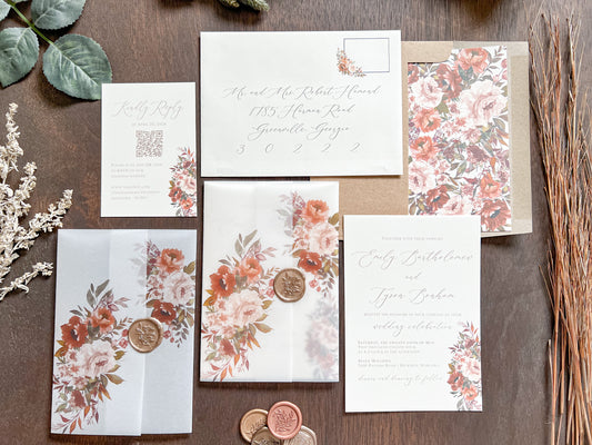 Boho Wedding Invitation wrapped in Vellum & Wax Seal with Copper, Burnt Orange & Rust Foliage