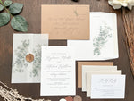 Eucalyptus Vellum Wedding Invitation with Antique Gold Wax Seal