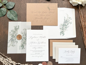 Eucalyptus Vellum Wedding Invitation with Antique Gold Wax Seal