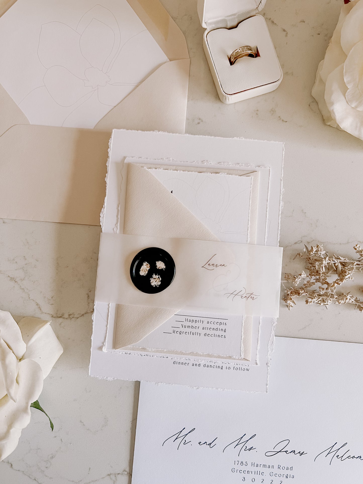 Classic Magnolia Wedding Invitation with Vellum & Wax seal