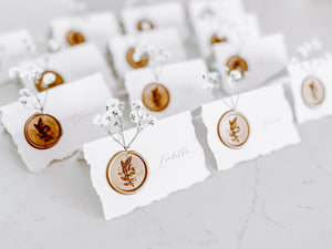 Folding Tent Wedding Place Cards with Baby’s Breath, Wax Seal and Deckled Edging
