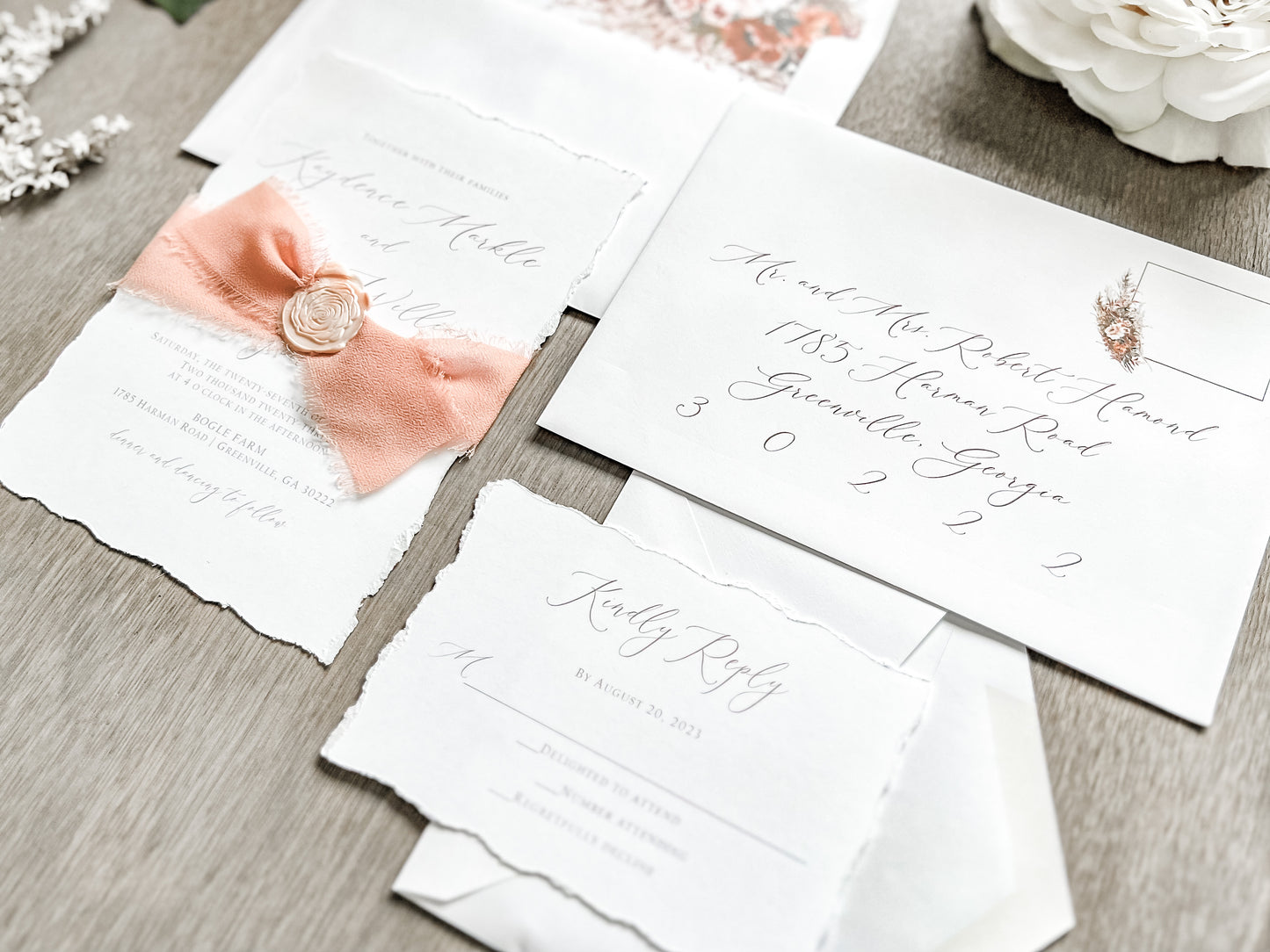 Rose Gold Ribbon Wedding Invitation with Deckled Edging and Blush Pink Wax Seal