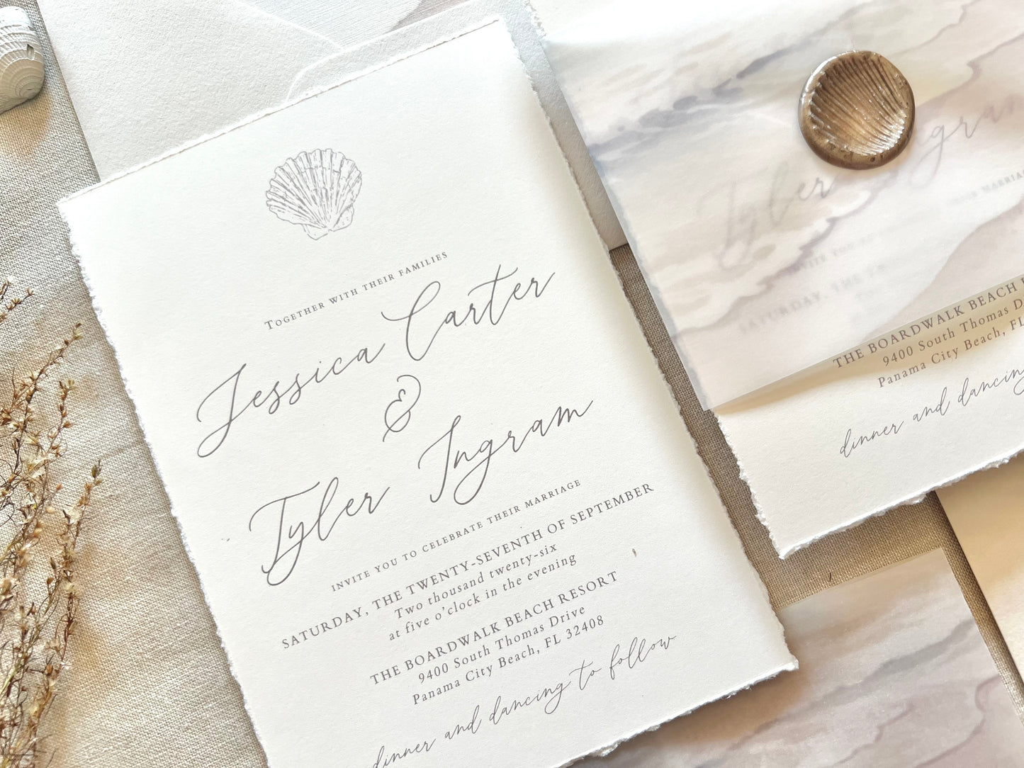 Ocean Waves Beach Wedding Invitation with Vellum & Wax Seal