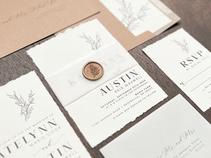 Contemporary Boho Wedding Invitation with Deckled Edging, Vellum and Wax Seal