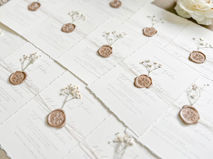 Elegant Ivory Baby’s Breath Wedding Invitation with Deckled Edging and Wax Seal