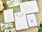 Monogram Laurel Wreath Wedding Invitation with Muted Sage Green Chiffon Ribbon & Wax Seal with Deckled Edging