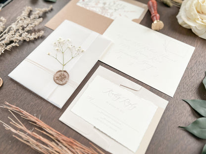 Beige Wedding Invitation with Baby’s Breath, Deckled Edging, Vellum Wrap and Wax Seal
