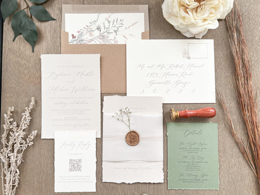 Baby’s Breath Wedding Invitation with Deckled Edging, Baby’s Breath, Vellum Belly Band and Wax Seal