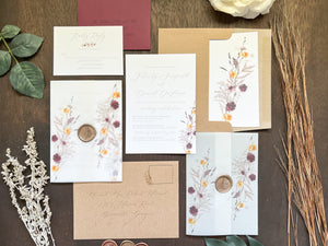 Plum and Yellow Gold Wildflower Vellum Wedding Invitation with Wax Seal