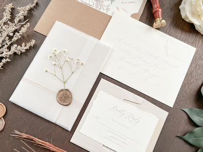 Beige Wedding Invitation with Baby’s Breath, Deckled Edging, Vellum Wrap and Wax Seal