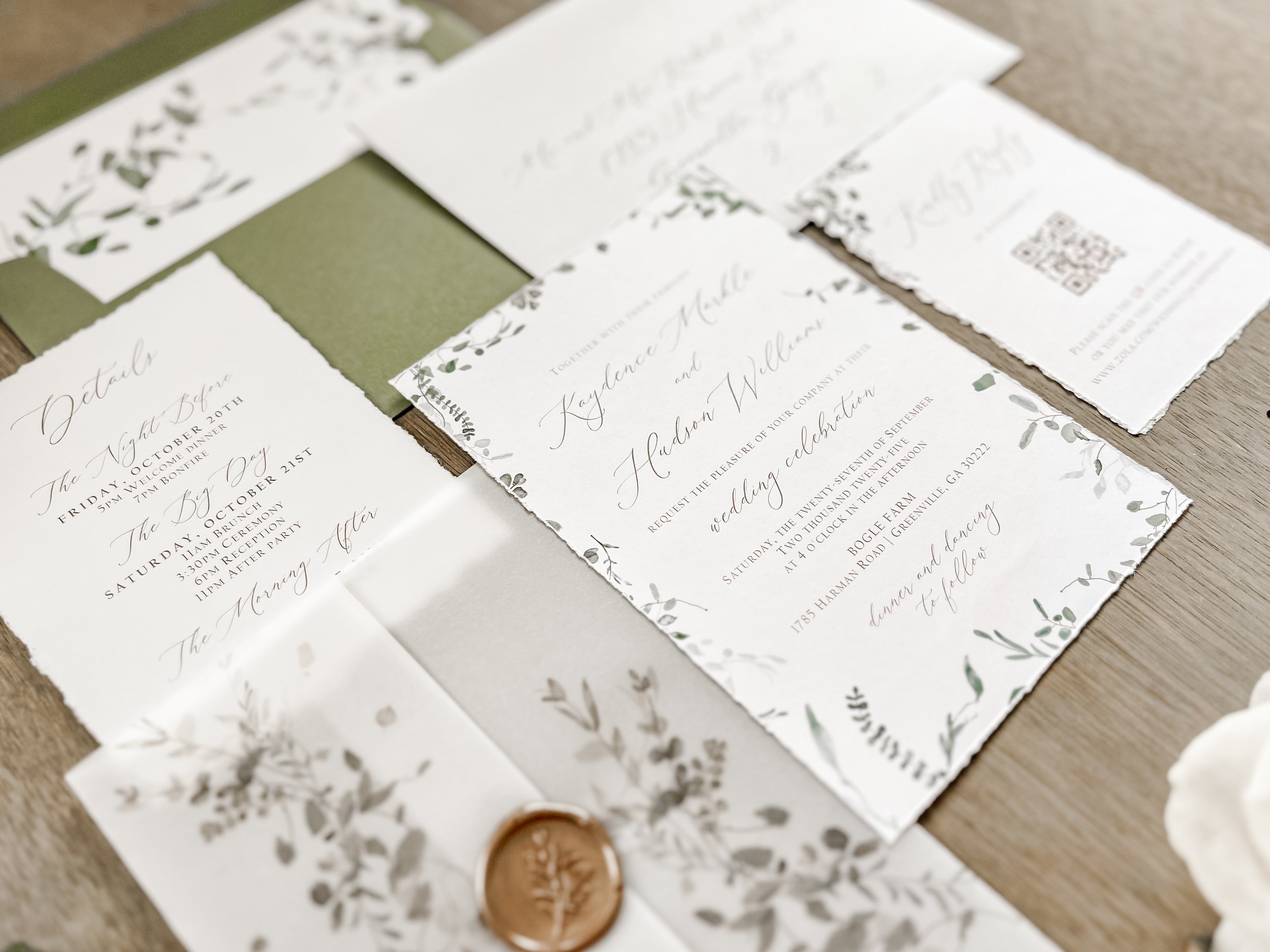 Simple Greenery Wedding Invitation with Eucalyptus, Deckled Edging, Vellum & Wax Seal