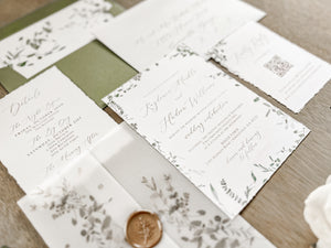 Simple Greenery Wedding Invitation with Eucalyptus, Deckled Edging, Vellum & Wax Seal