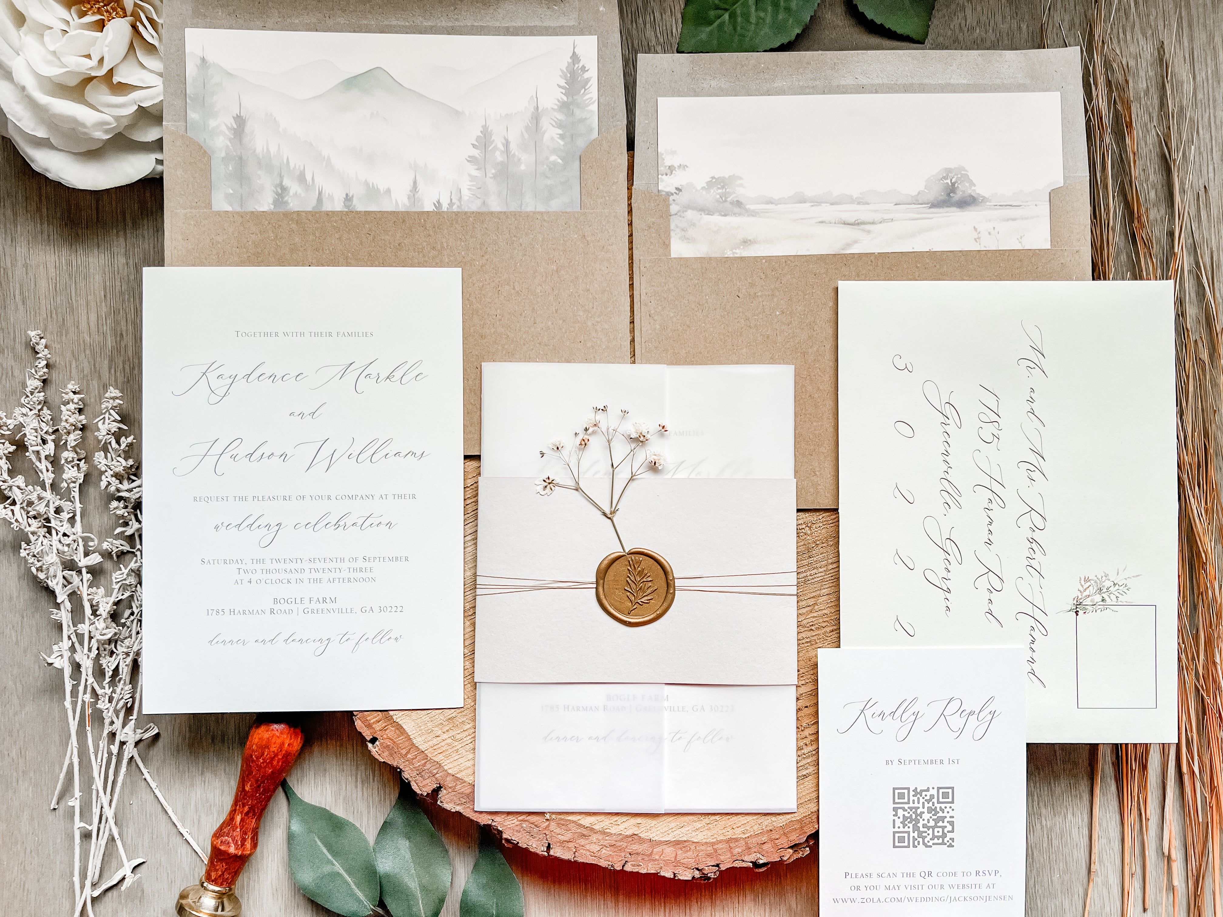 Elegant Wedding Invitation with Baby’s Breath, Beige & Vellum Wrap and Wax Seal