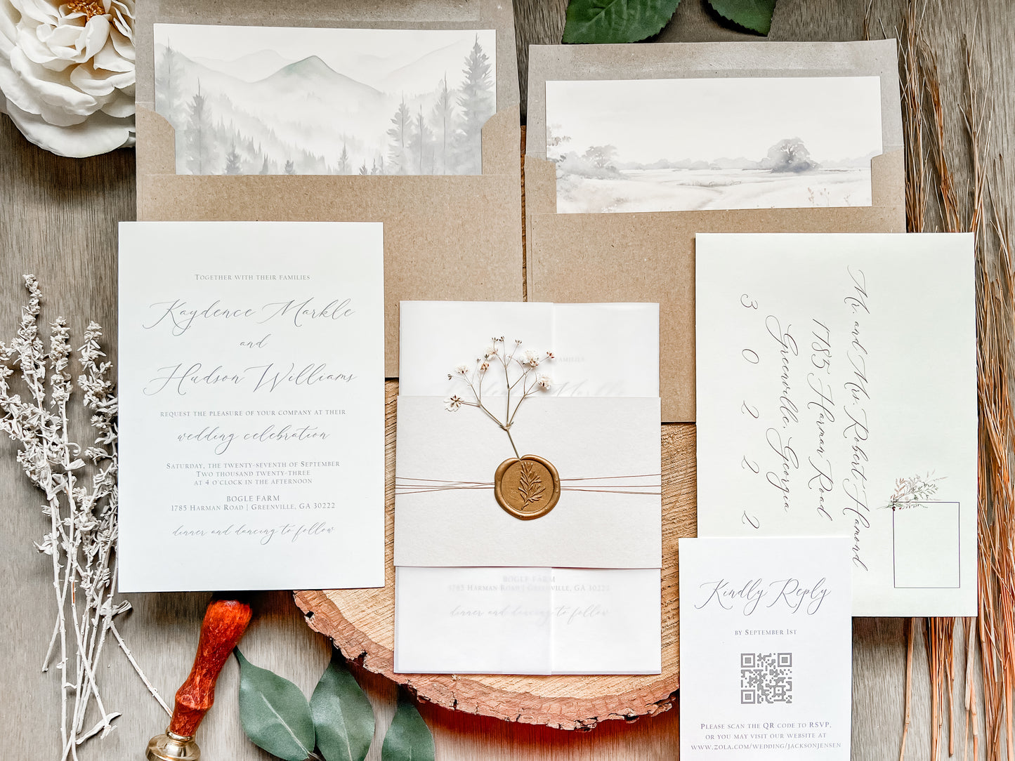 Elegant Wedding Invitation with Baby’s Breath, Beige & Vellum Wrap and Wax Seal