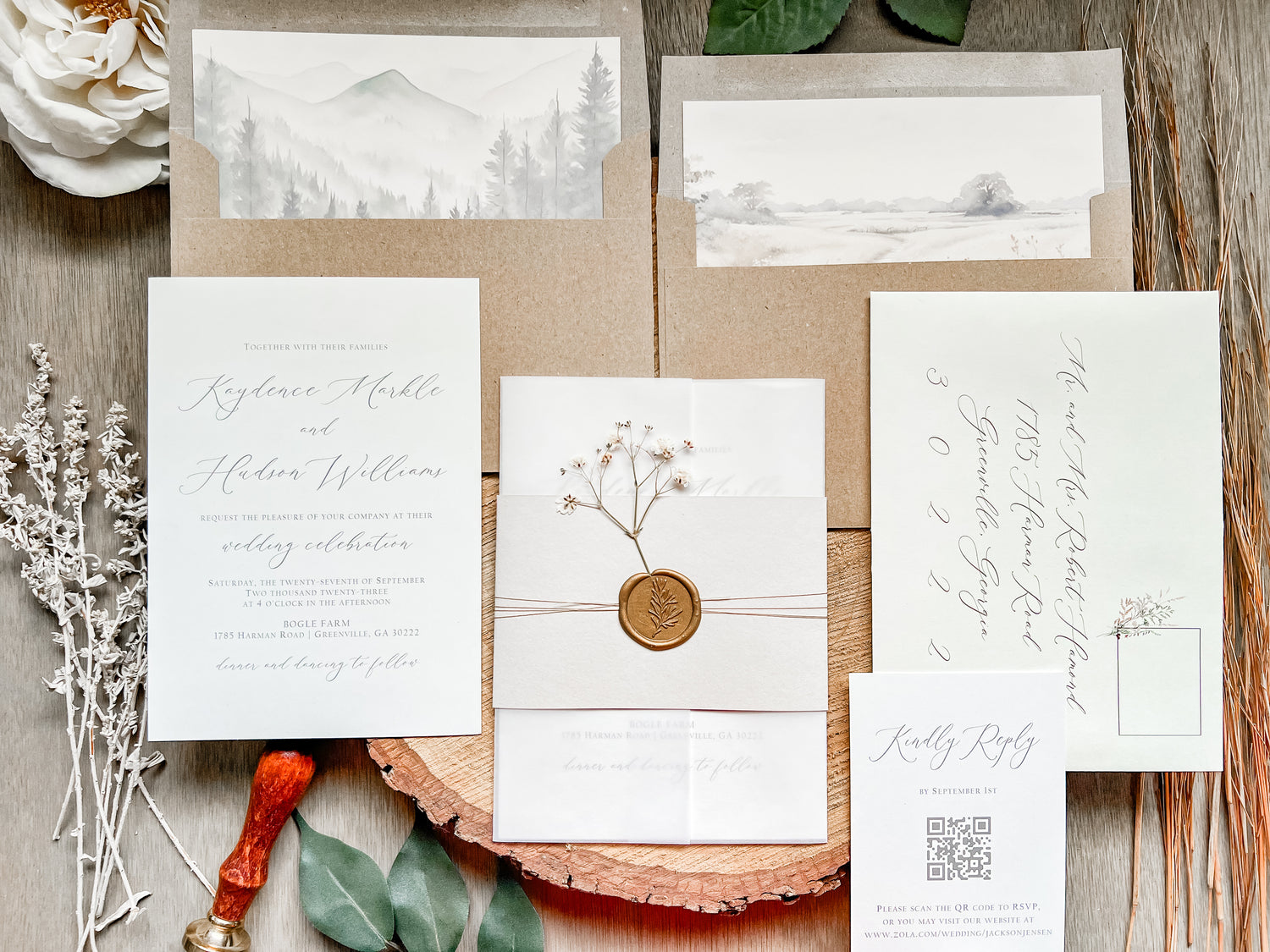 Elegant Wedding Invitation with Baby’s Breath, Beige & Vellum Wrap and Wax Seal