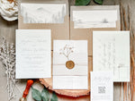 Elegant Wedding Invitation with Baby’s Breath, Beige & Vellum Wrap and Wax Seal