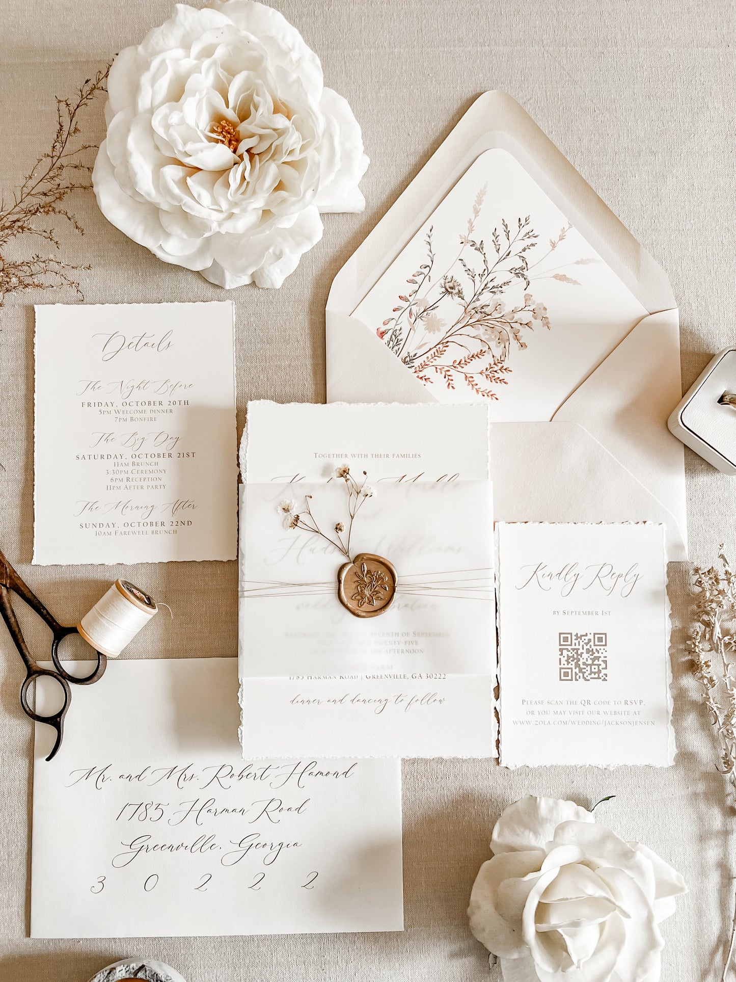 Elegant Ivory Baby’s Breath Invitation with Deckled Edging