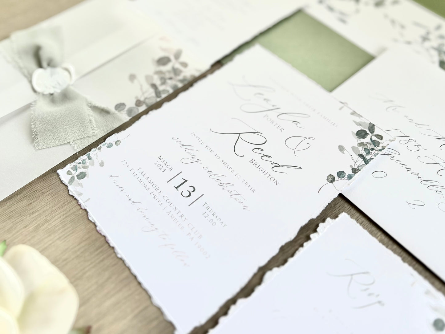 Greenery Vellum Wedding Invitation with Ribbon, Wax Seal & Deckled Edge