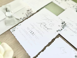 Greenery Vellum Wedding Invitation with Ribbon, Wax Seal & Deckled Edge