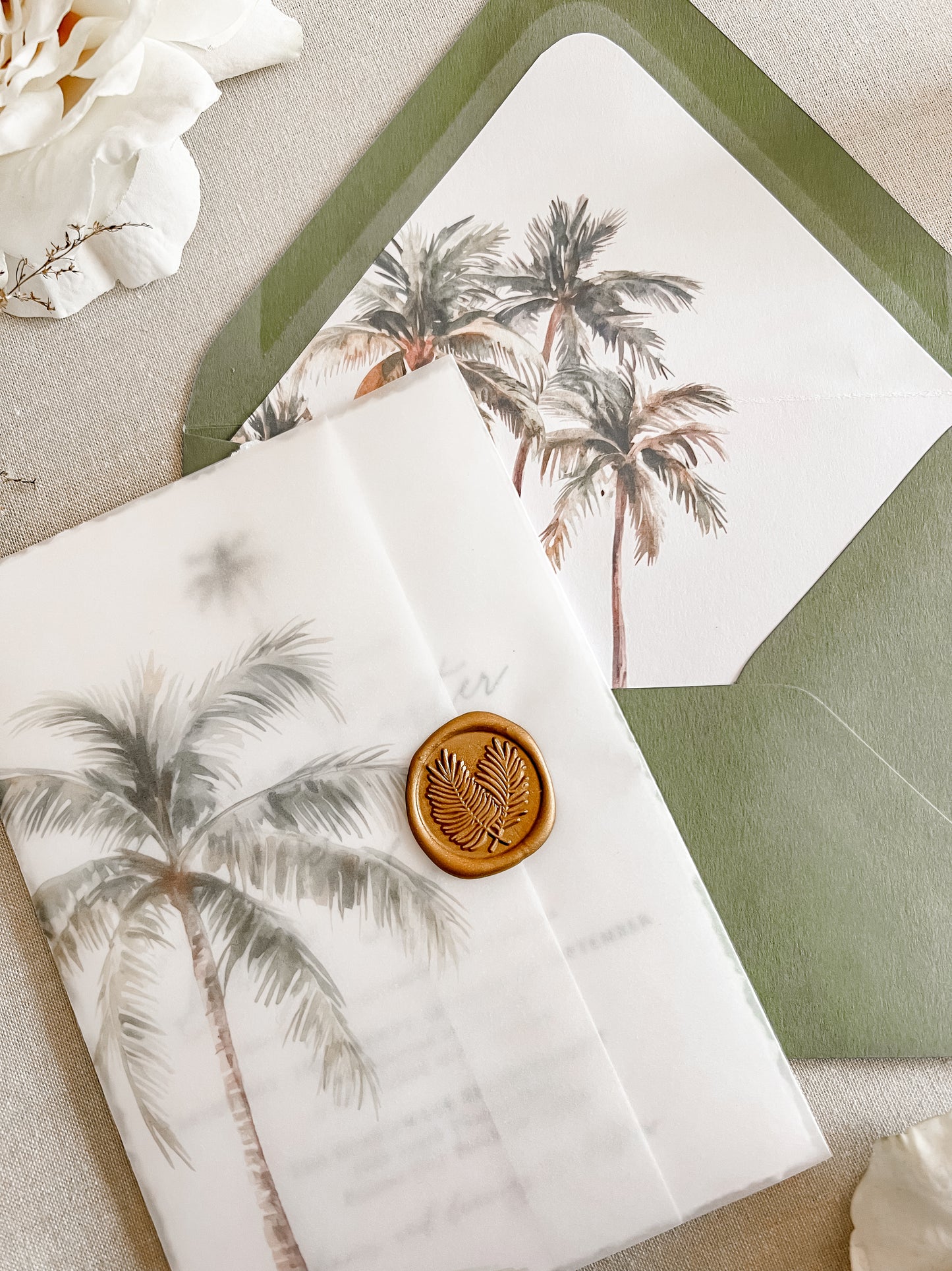 Tropical Wedding Invitation with Palm Tree, Vellum & Wax Seal
