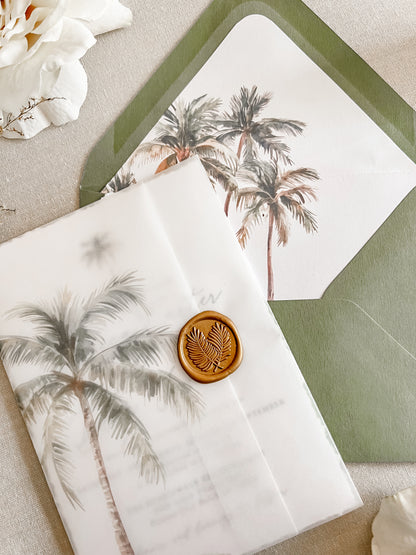 Tropical Wedding Invitation with Palm Tree, Vellum & Wax Seal