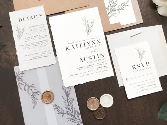 Contemporary Modern Boho Wedding Invitation with Deckled Edging, Vellum and Antique Gold Wax Seal