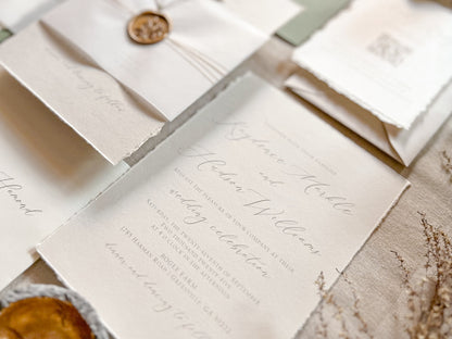 Baby’s Breath Wedding Invitation with Deckled Edging, Baby’s Breath, Vellum and Wax Seal