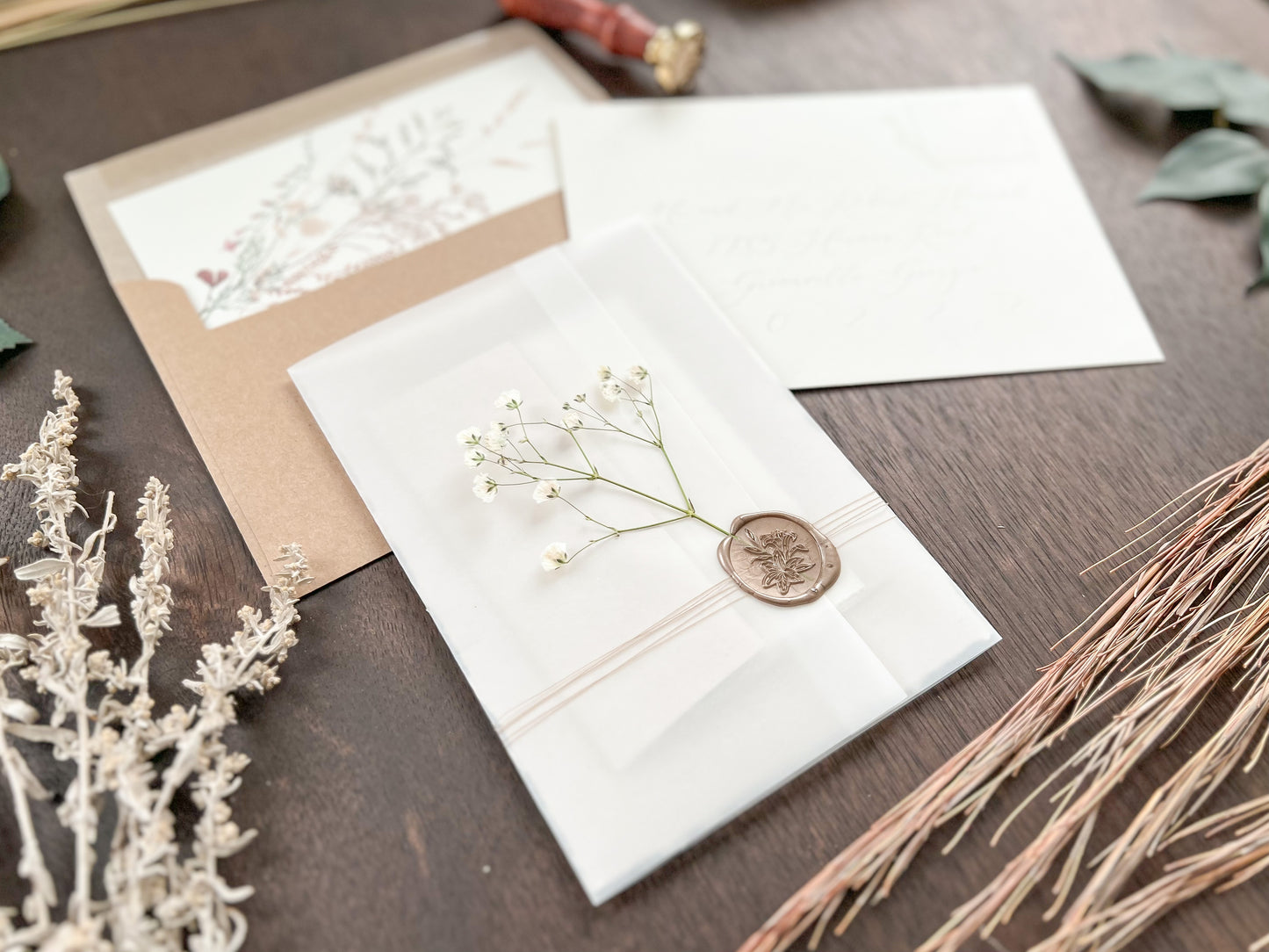 Beige Wedding Invitation with Baby’s Breath, Deckled Edging, Vellum Wrap and Wax Seal