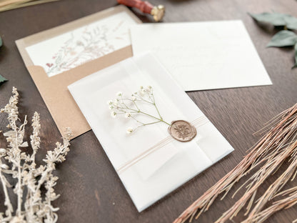 Beige Wedding Invitation with Baby’s Breath, Deckled Edging, Vellum Wrap and Wax Seal