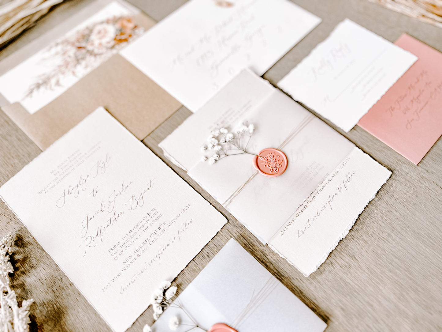 Dusty Rose Pink Wedding Invitation with Baby’s Breath, Deckled Edging, Vellum Belly Band and Wax Seal