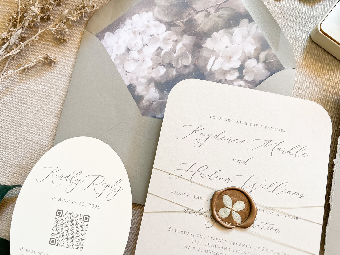 Hydrangea Wedding Invitation with Wax Seal