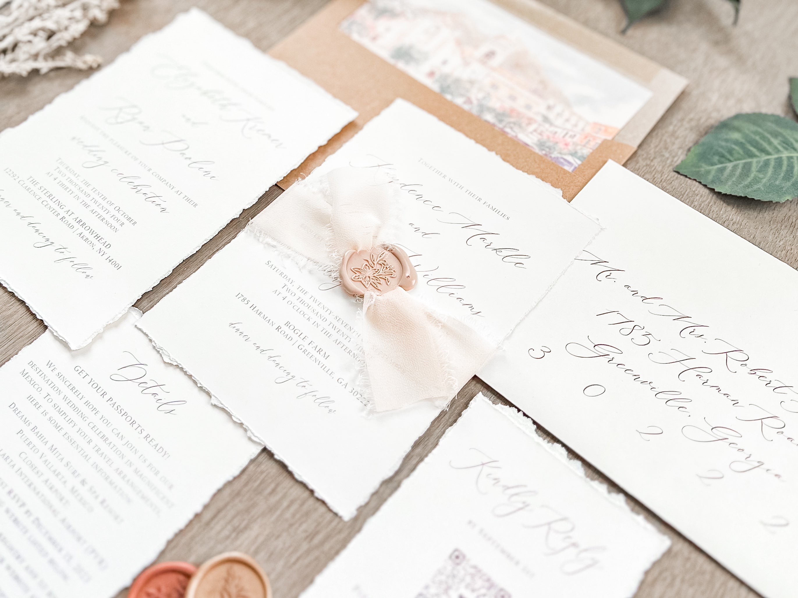 Neutral Wedding Invitation with Deckled Edging, Chiffon Ribbon and Nude Wax Seal