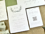 Monogram Laurel Wreath Wedding Invitation with Muted Sage Green Chiffon Ribbon & Wax Seal with Deckled Edging