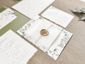 Eucalyptus Greenery Wedding Invitation with Deckled Edging, Vellum Belly Band and Wax Seal