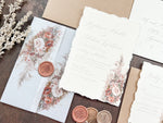 Pampas & Copper Foliage Boho Wedding Invitation with Deckled Edging, Vellum & Wax Seal