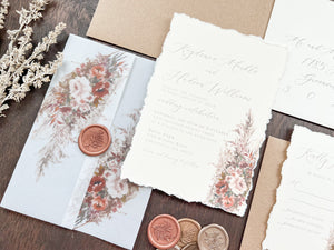 Pampas & Copper Foliage Boho Wedding Invitation with Deckled Edging, Vellum & Wax Seal